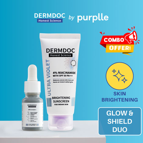 Buy DERMDOC Glow & Shield Duo (Combo of 2) | 4% Niacinamide Ultra Violet Brightening Sunscreen with SPF 50 PA+++ Sun Protection (60 gm) | 10% Vitamin C Face Serum for Glowing Skin (12 ml)-Purplle