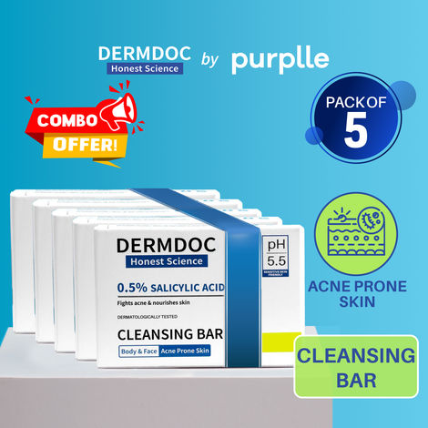 Buy DERMDOC 0.5% Salicylic Acid Cleansing Bar (75 gm) Pack of 5 | Oil Control | Controls Body Acne & Pimples | Gentle Formula-Purplle