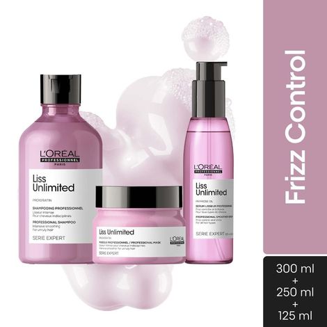 Buy L'Oreal Professionnel Serie Expert Liss Unlimited Shampoo + With Combo of Liss Unlimited Mask+ Liss Unlimited Blow Dry Serum (250 ml +250 gm +125 ml) Combo of 3-Purplle