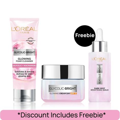 Buy L'Oreal Paris Glycolic Bright Combo (Glycolic Bright 8% [Melasyl + Niacinamide] Face Serum for Brightening Dark Spot (15 ml) + Glycolic Bright Day Cream with SPF 17 (15 ml) + Glycolic Bright Glowing Daily Cleanser Foam (100 ml))Combo of 3-Purplle