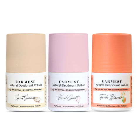 Buy Carmesi Natural Underarm Roll On Deodorant Combo For Women | 95% Natural + 5% Essential Ingredients | Fresh Underarms | No Alcohol & Aluminium | Sweet Summer, Floral Sunset, Fresh Blossom (3 x 50 ml)-Purplle