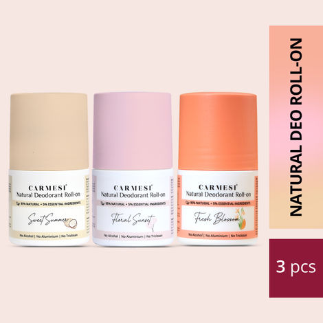 Buy Carmesi Natural Underarm Roll On Deodorant Combo For Women | 95% Natural + 5% Essential Ingredients | Fresh Underarms | No Alcohol & Aluminium | Sweet Summer, Floral Sunset, Fresh Blossom (3 x 50 ml)-Purplle