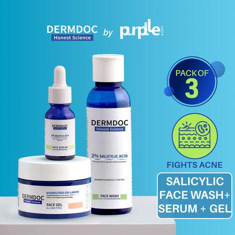 Buy DERMDOC Acne CTM Routine (Combo of 3) | 2% Salicylic Acid Face Wash (120ml) | 2% Salicylic Acid Face Serum (15ml) | Hydrolyzed Collagen Face Gel (50gm)-Purplle