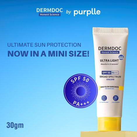 Buy DERMDOC SPF 50 Ultra Light Daily Glow Sunscreen (30 gm) | PA+++ | Sunblock | Lightweight | Non-Greasy | 0 White Cast | Non-Comodogenic-Purplle