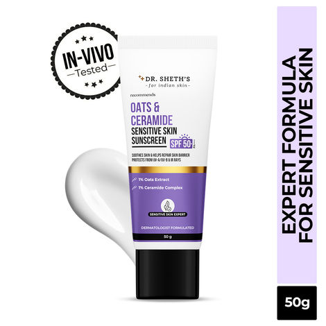 Buy Dr. Sheth's Oat & Ceramide Sunscreen | SPF 50+ PA++++| Oil-Free Sunscreen For Sensitive Skin| Lightweight & No White Cast| Strengthens Skin Barrier|Sun Protection From UVA/B/IR Rays | Men & Women | 50 gm-Purplle
