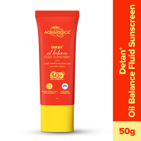 Buy Aqualogica Detan+ Oil Balance Fluid Sunscreen for Oily Skin - 50 gm Ultra-Light Fluid Texture | SPF 50+ PA++++ UVA, B & Blue Light Protection | Oil Free | Balances Excess Oil | Non greasy | No White Cast | For Men & Women-Purplle