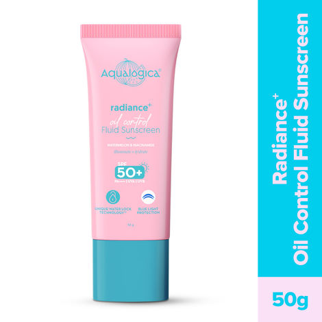 Buy Aqualogica Radiance+ Oil Control Fluid Sunscreen for Oily Skin - 50 gm Ultra-Light Fluid Texture | SPF 50+ PA++++ UVA, B & Blue Light Protection | Oil Free | Controls Excess Oil | Non greasy | No White Cast | For Men & Women-Purplle