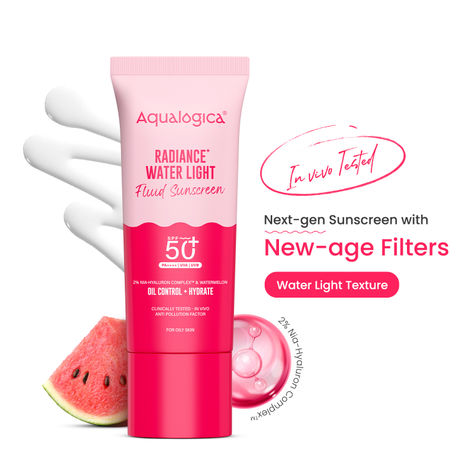 Buy Aqualogica Radiance+ Oil Control Fluid Sunscreen for Oily Skin - 50 gm Ultra-Light Fluid Texture | SPF 50+ PA++++ UVA, B & Blue Light Protection | Oil Free | Controls Excess Oil | Non greasy | No White Cast | For Men & Women-Purplle