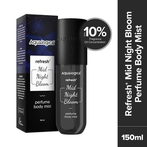 Buy Aqualogica Refresh+ Mid Night Bloom Perfume Body Mist - 150 ml Dark & Sensual Notes of Raspberry & Amber | Long- Lasting Fragrance | Up To 10% Fragrance Oil Concentration | Non-Irritating & Hydrating | Infused with Zemea & Hyaluronic Acid-Purplle