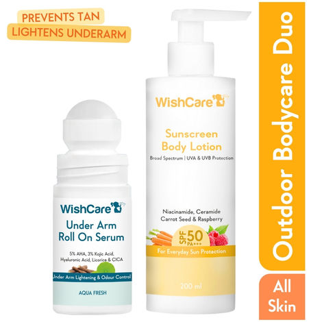 Buy WishCare Sunscreen Body Lotion SPF 50 + Aqua Fresh Under Arm Roll On Serum Combo of 2-Purplle