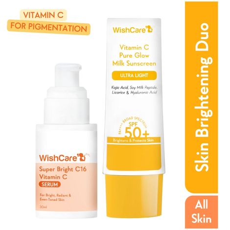 Buy WishCare Brightening Face Duo - Vitamin C Pure Glow Face Sunscreen & Super Bright C16 Vitamin C Face Serum Combo of 2-Purplle