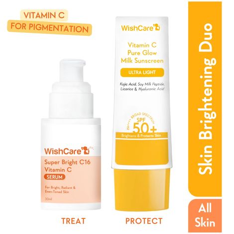 Buy WishCare Brightening Face Duo - Vitamin C Pure Glow Face Sunscreen & Super Bright C16 Vitamin C Face Serum Combo of 2-Purplle