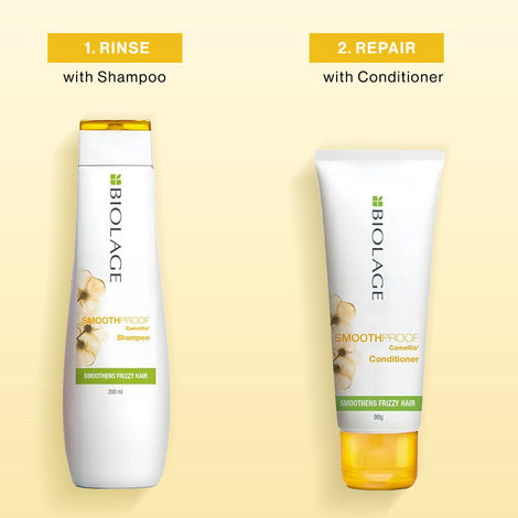 Buy Biolage Professional Smoothproof Anti-Frizz Shampoo Up to 72HR Frizz Control With Camellia Flowers Shampoo for Dry and Frizzy Hair Vegan 200 ml + Smoothproof Conditioner | For Frizzy Hair (200 ml + 98 gm)Combo of 2-Purplle