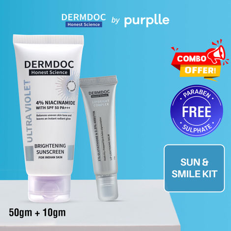 Buy DERMDOC Sun & Smile Kit (Combo of 2) | 4% Niacinamide Ultra Violet Brightening Sunscreen SPF 50 PA+++ (50 gm) | LipBright Treatment 1% Glutathione + 2.5% Arbutin Lip Lightening Balm (10 gm)-Purplle