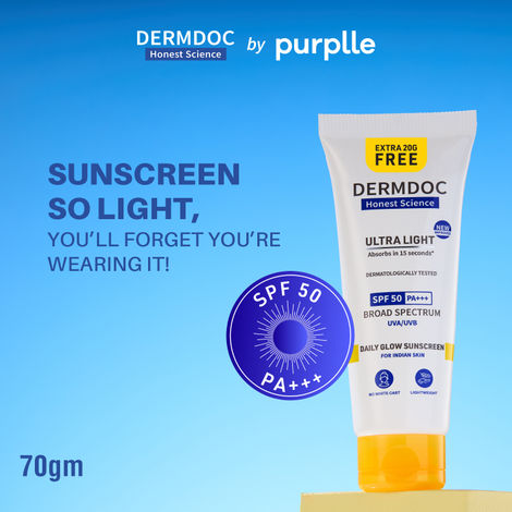 Buy DERMDOC SPF 50 Ultra Light SPF Daily Glow Sunscreen (70 gm) | 50 gm + Extra 20 gm Free | Face Sunscreen | Lightweight | Non-Greasy | 0 White Cast | Oily Skin Friendly | Sunblock | PA+++ | Non-Comedogenic-Purplle