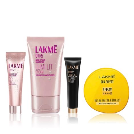 Buy Lakme 9to5 Glow & Protect Kit (Powder Matte Sunscreen Compact SPF40 7 gm + Complexion Care Face Cream Beige 30 gm + Lumi Strobe Cream Dewy Rose 30 gm + Unreal Blurfect Primer 10 gm)-Purplle