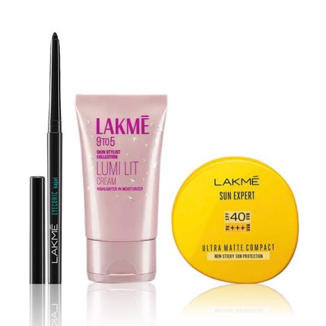 Buy Lakme 9to5 Glow & Protect Kit (Powder Matte Sunscreen Compact SPF40 7 gm + Lumi Strobe Cream Dewy Rose 30 gm + Eyeconic Kajal Deep Black 0.35 gm)-Purplle