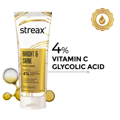 Buy Streax Skin Bright & Shine Face wash cleanser with 4% Vitamin C + Glycolic Serum Complex for  Brightening, Dark Spots Reduction, 100 ml-Purplle