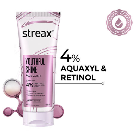 Buy Streax Skin Youthful Shine Face wash cleanser with 4% Aquaxyl & Retinol serum complex for Reduction in Fine Lines & Wrinkles, 100 ml-Purplle