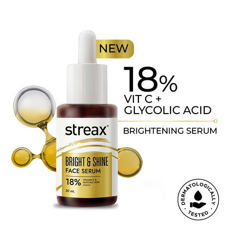 Buy Streax Bright & Shine Face Serum with 18% Vitamin C+ Glycolic Acid Complex for Brightening, Dark Spots Reduction, 30 ml-Purplle