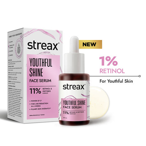 Buy Streax Youthful Shine Face Serum with 11% Retinol Peptide Complex, Reduces Dark Spots,Blemishes & Wrinkles 30 ml-Purplle