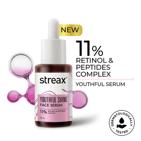 Buy Streax Youthful Shine Face Serum with 11% Retinol Peptide Complex, Reduces Dark Spots,Blemishes & Wrinkles 30 ml-Purplle