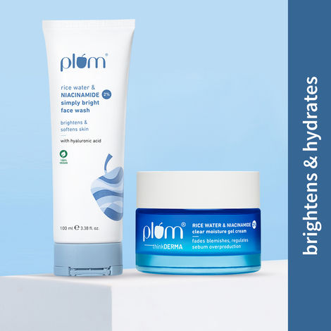 Buy Plum Niacinamide Cleanse and Moisturize Duo (2% Niacinamide Face Wash With Rice Water 100 ml + Rice Water & 2% Niacinamide Clear Moisture Gel Cream | 50 gm)-Purplle