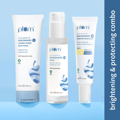 Buy Plum Radiance Trio - 2% Niacinamide Face Wash With Rice Water | 100 ml + 3% Niacinamide & Rice Water Alcohol-Free Toner - 150 ml + 2% Niacinamide Sunscreen SPF 50 PA+++ With Rice Water - 50 gm-Purplle