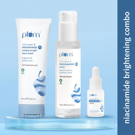 Buy Plum Glow Essentials- Simply Bright 2% Niacinamide Face Wash With Rice Water | 100 ml + 3% Niacinamide & Rice Water Alcohol-Free Toner - 150 ml + 10% Niacinamide Face Serum with Rice Water-15 ml-Purplle