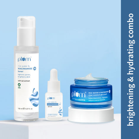 Buy Plum Hydration & Glow Set- Plum 3% Niacinamide & Rice Water Alcohol- 150 ml + 2% Niacinamide & Rice Water Clear Moisture Gel Cream - 50 gm + 10% Niacinamide Face Serum with Rice Water 15 ml-Purplle