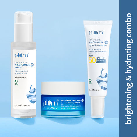 Buy Plum Radiance Care Trio - 2% Niacinamide Sunscreen SPF 50 PA+++ | 50 gm + 3% Niacinamide & Rice Water Alcohol- 150 ml + 2% Niacinamide & Rice Water Clear Moisture Gel Cream - 50 gm-Purplle