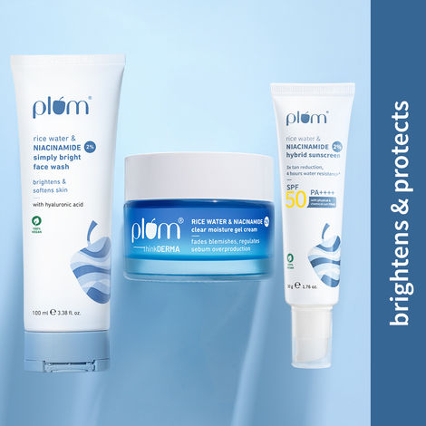 Buy Plum Glow & Protect Trio - 2% Niacinamide Sunscreen SPF 50 PA+++ With Rice Water - 50 gm + Simply Bright 2% Niacinamide Face Wash With Rice Water - 100 ml + 2% Niacinamide & Rice Water Clear Moisture Gel Cream - 50 gm-Purplle
