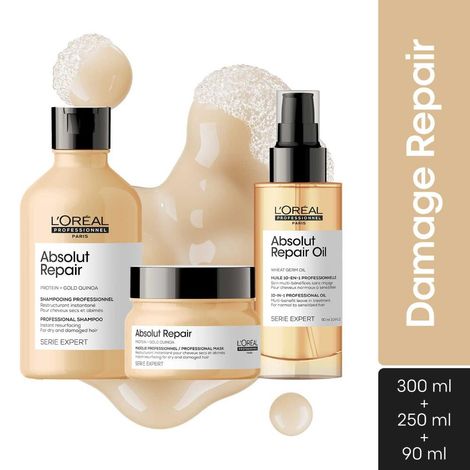 Buy L'Oreal Professionnel Serie Expert Absolut Repair [Shampoo 300 ml + Mask 250 gm + Hair Oil 90 ml] Combo of 3-Purplle