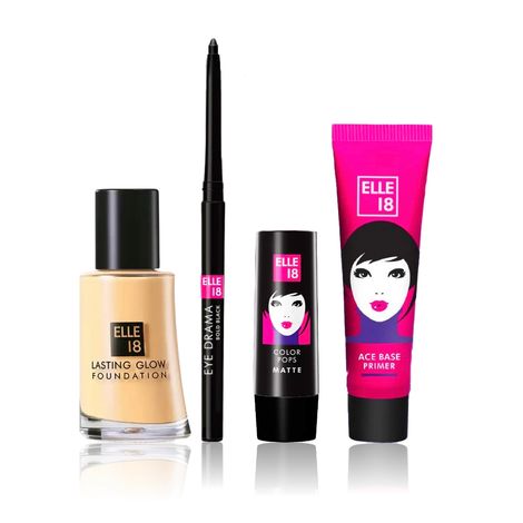 Buy Elle18 Glam Beauty Combo (Eye Drama Kajal – 0.35 gm + Color Pop Matte Lip Color W11 Cherry Wine – 4.3 gm + Lasting Glow Foundation 02 Marble – 27 ml + Ace Base Primer – 10 ml) Combo of 4-Purplle