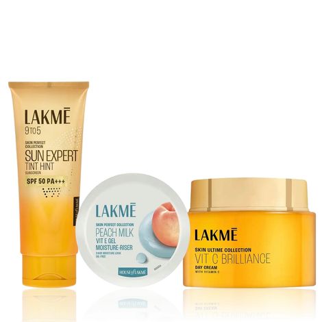 Buy Lakme Hydration + Barrier Care Combo (Peach Milk Moisturizer 200 gm + Vitamin C Day Cream 50 gm + Tinted Sunscreen SPF 50 50 ml) Combo of 3-Purplle