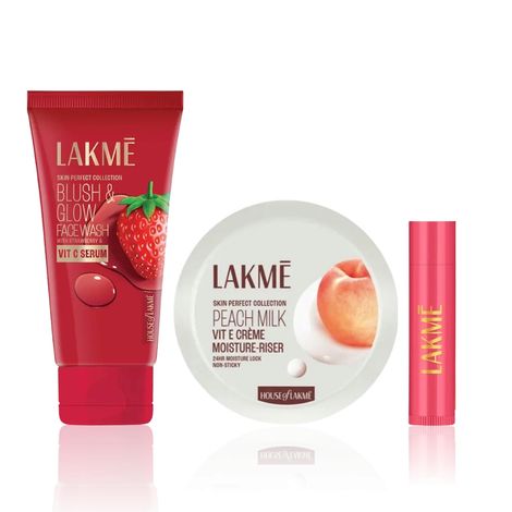 Buy Lakme Glow Essentials Combo (Blush & Glow Strawberry Facewash 100 gm + Peach Milk Soft Creme 100 gm + Lip Love Care Stick Cherry 4.5 gm) Combo of 3-Purplle