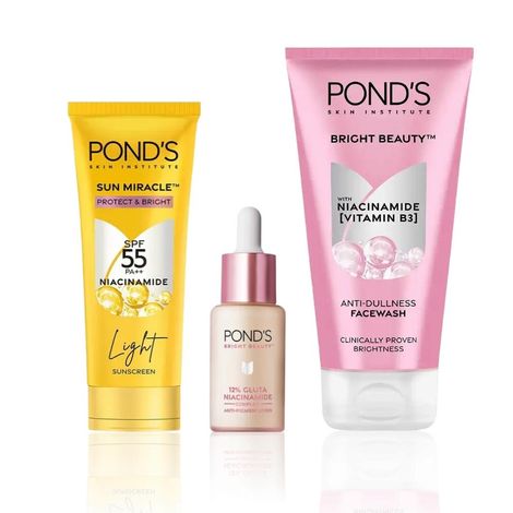 Buy Pond’s Bright Glow & Sun Protection Kit (Brightening Facewash 150 gm + Gluta Niacinamide Complex Serum 14 ml + Sun Miracle SPF 55 Sunscreen 50 gm) Combo of 3-Purplle
