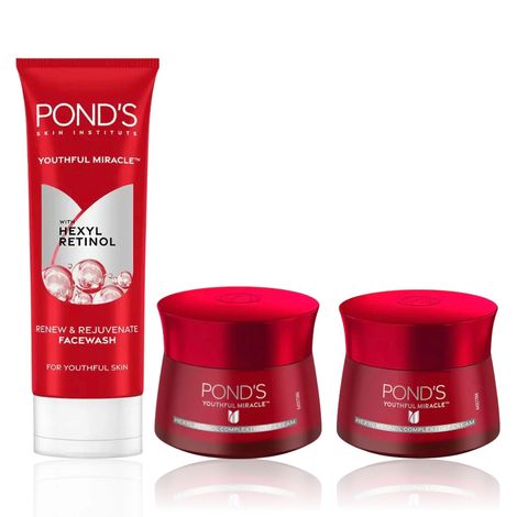 Buy Pond’s Youthful Miracle Repair & Renew Skincare Combo (Hexyl Retinol Day Cream SPF 15 35 gm + Hexyl Retinol Night Cream 50 gm + Renew & Rejuvenate Facewash 100 gm) Combo of 3-Purplle