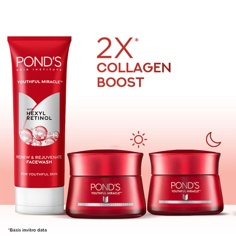Buy Pond’s Youthful Miracle Repair & Renew Skincare Combo (Hexyl Retinol Day Cream SPF 15 35 gm + Hexyl Retinol Night Cream 50 gm + Renew & Rejuvenate Facewash 100 gm) Combo of 3-Purplle
