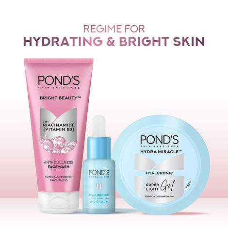 Buy Pond’s Deep Hydration & Fresh Glow Combo (Super Light Gel with Hyaluronic Acid & Vitamin E 200 ml + Hydra Miracle Hyaluronic Acid Complex 2% Serum 14 ml + Bright Beauty Facewash with Niacinamide 150 gm) Combo of 3-Purplle
