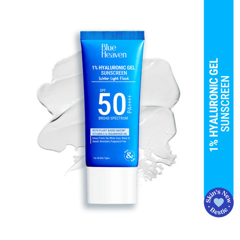 Buy Blue Heaven 1% Hyaluronic Gel Sunscreen SPF50 PA++++ | Sun Protection + Hydration formula With Vitamin E, Cedarwood Oil & Plant-Based Mucin | Lightweight Non-Greasy | No White Cast | Fragrance Free| Sunscreen for Men and Women| 50 Gm-Purplle