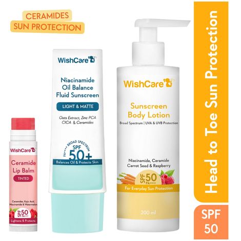 Buy WishCare Head-to-Toe Sun Protection SPF 50 PA++++ Kit with Niacinamide & Ceramide- Face, Lip & Body 255 gm-Purplle