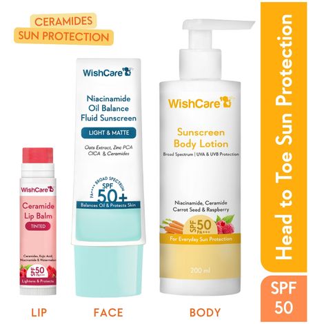 Buy WishCare Head-to-Toe Sun Protection SPF 50 PA++++ Kit with Niacinamide & Ceramide- Face, Lip & Body 255 gm-Purplle