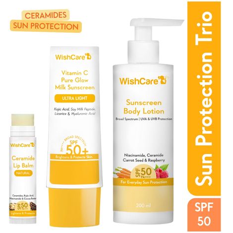 Buy WishCare Sun Protection SPF 50 PA++++ Trio with Vitamin C, Kojic Acid & Ceramide - Face, Lip & Body 255 gm-Purplle
