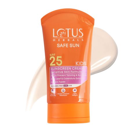 Buy Lotus Herbals Safe Sun KidsA Sunscreen CreamA - Sensitive Skin Formula | SPF 25 | Non Greasy | Sweat & Waterproof | 50 gm-Purplle