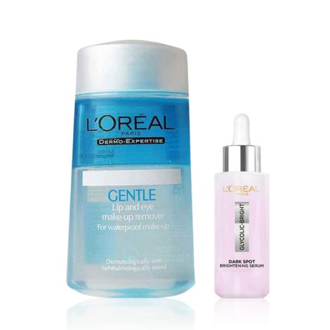 Buy L'Oreal Radiance reset kit (Glycolic Bright 8% [Melasyl + Niacinamide] Face Serum for Brightening Dark Spots) - 15 ml + (Women's Dermo-Expertise Gentle Lip and Eye Make-up Remover) - 125 ml-Purplle