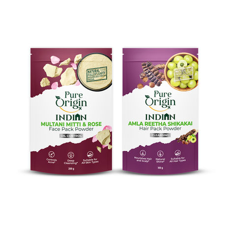 Buy Pure Origin Indian Multani Mitti & Rose Face Pack Powder (200 gm) & Amla Reetha Shikakai Hair Pack Powder (100 gm) Combo of 2-Purplle