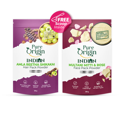 Buy Pure Origin Indian Multani Mitti & Rose Face Pack Powder (200 gm) & Amla Reetha Shikakai Hair Pack Powder (100 gm) Combo of 2-Purplle