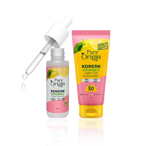 Buy Pure Origin Korean Vitamin C Glow & Protect Kit | 20x Korean Vitamin C Brightening Face Serum (30 ml) & Light Gel Sunscreen with SPF 50 & PA+++ (50 gm) | Reduces Dark Spots, Dullness & Uneven Skin Tone | No White Cast | All Skin Types, Combo of 2-Purplle