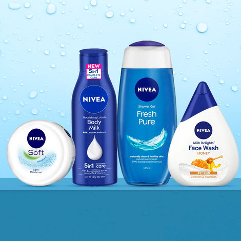 Buy NIVEA Ultimate Skin Nourishment Kit 4 (Fresh Pure Shower Gel(125ml)+Moisturizing Honey Face Wash(100ml)+Almond Oil Body Lotion(120ml)+Soft Moisturising Cream(50ml))-Purplle